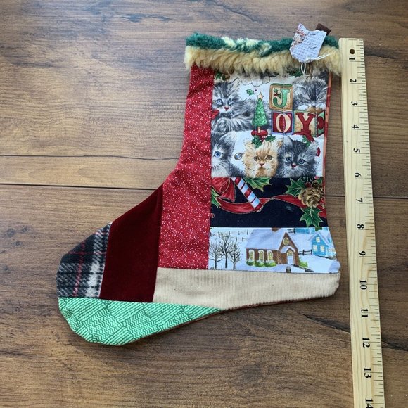 Christmas Stocking Kittens  Quilted Patchwork Fabric Cat NEW 13” Handmade - Picture 5 of 5